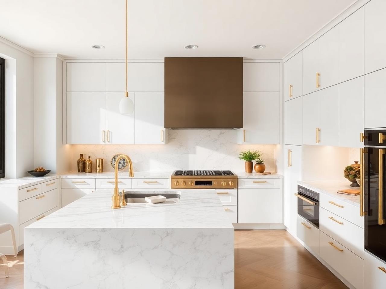 Marble kitchen island with brass fixtures