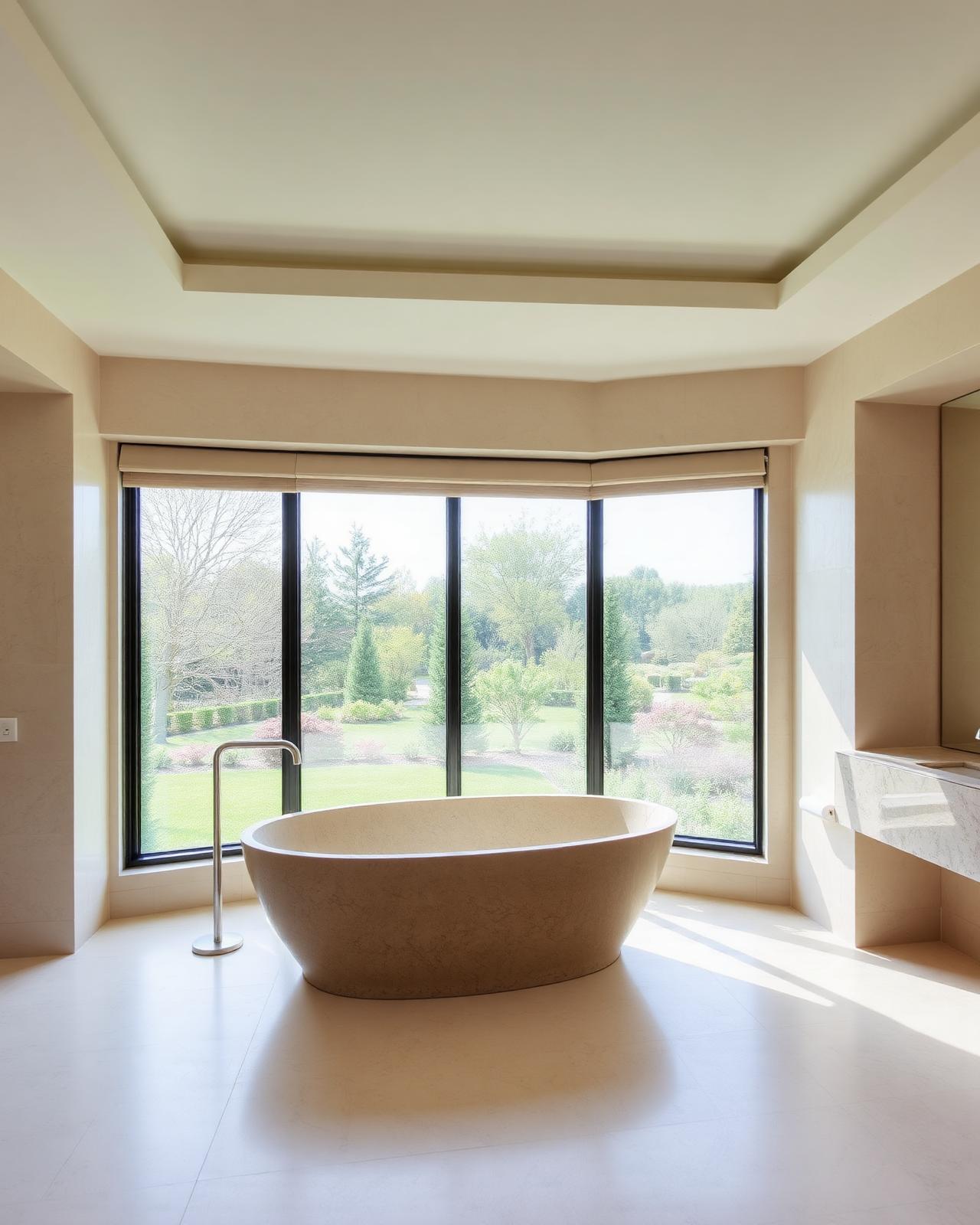 Spa-like bathroom with garden view